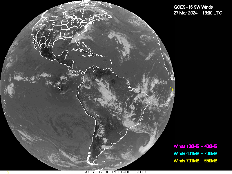 GOES-16 Short Wave Infrared Derived Winds - Full Disk - 03/27/2024 - 1900 GMT