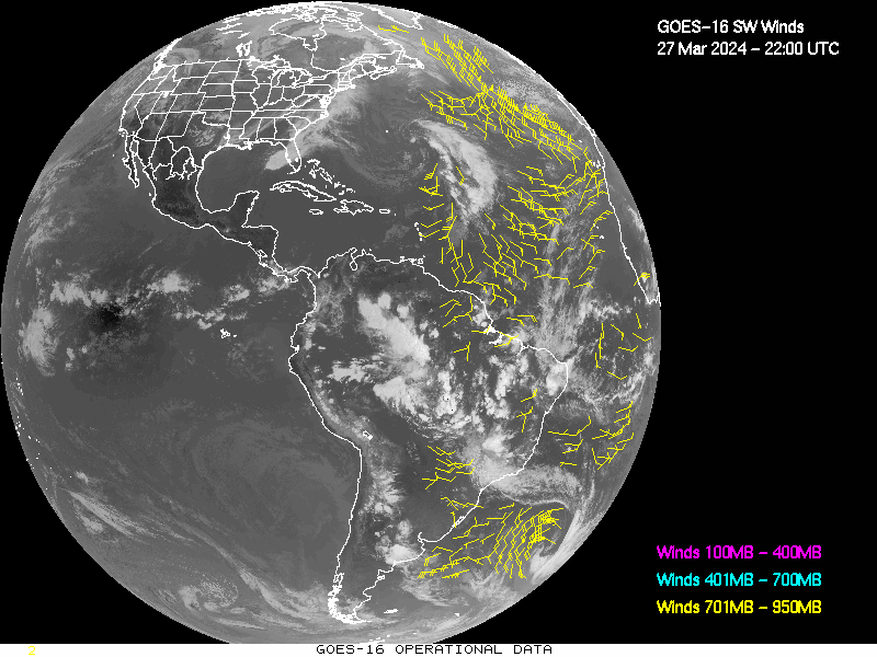 GOES-16 Short Wave Infrared Derived Winds - Full Disk - 03/27/2024 - 2200 GMT