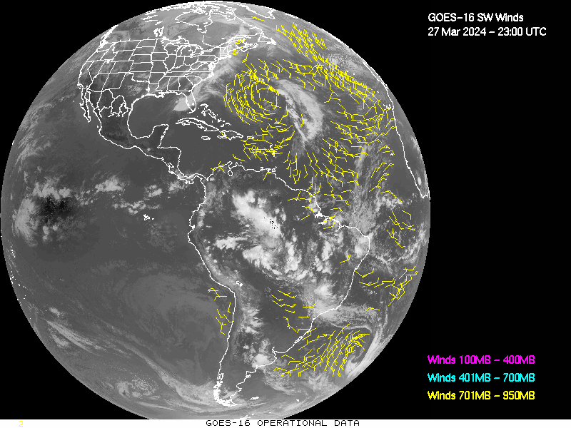 GOES-16 Short Wave Infrared Derived Winds - Full Disk - 03/27/2024 - 2300 GMT