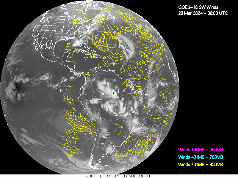 GOES-16 Short Wave Infrared Derived Winds - Full Disk - 03/28/2024 - 0000 GMT