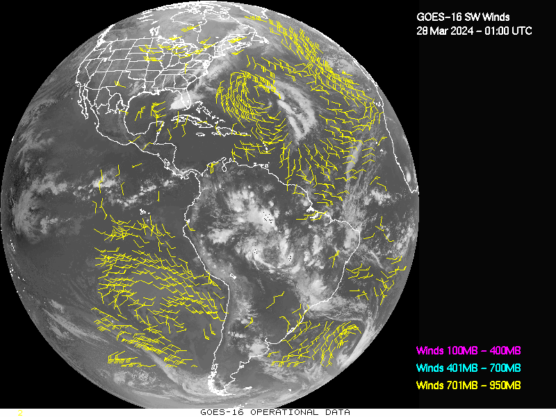 GOES-16 Short Wave Infrared Derived Winds - Full Disk - 03/28/2024 - 0100 GMT