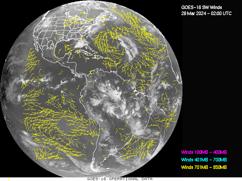 GOES-16 Short Wave Infrared Derived Winds - Full Disk - 03/28/2024 - 0200 GMT