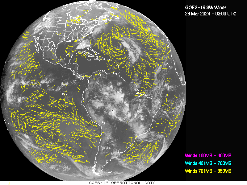GOES-16 Short Wave Infrared Derived Winds - Full Disk - 03/28/2024 - 0300 GMT
