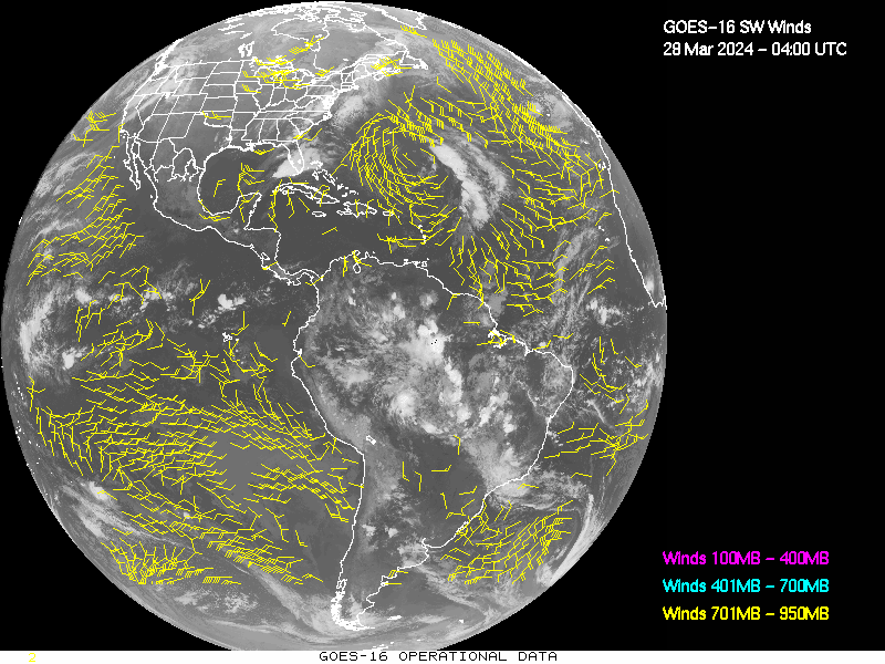 GOES-16 Short Wave Infrared Derived Winds - Full Disk - 03/28/2024 - 0400 GMT