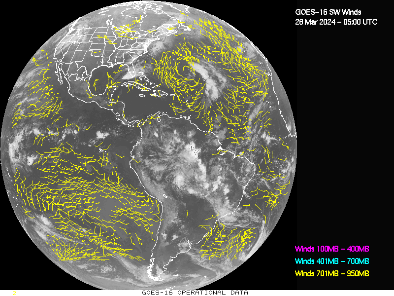 GOES-16 Short Wave Infrared Derived Winds - Full Disk - 03/28/2024 - 0500 GMT