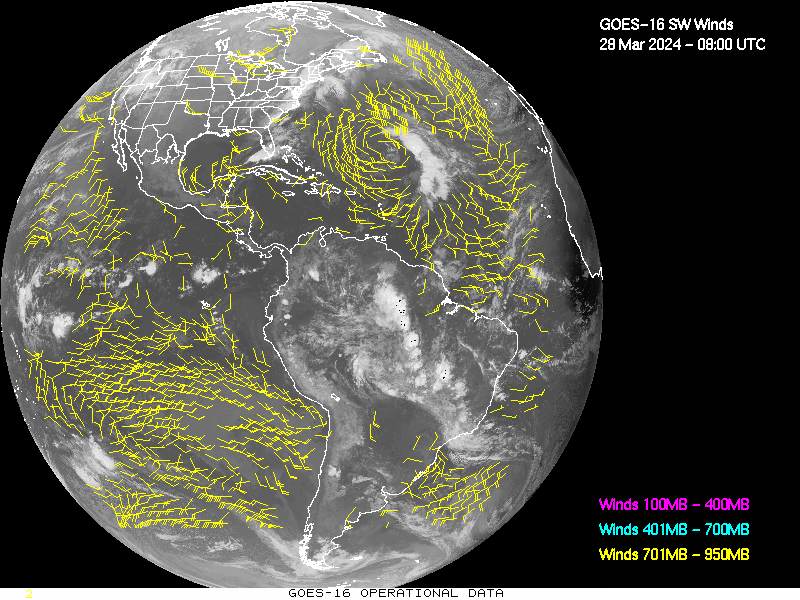 GOES-16 Short Wave Infrared Derived Winds - Full Disk - 03/28/2024 - 0800 GMT