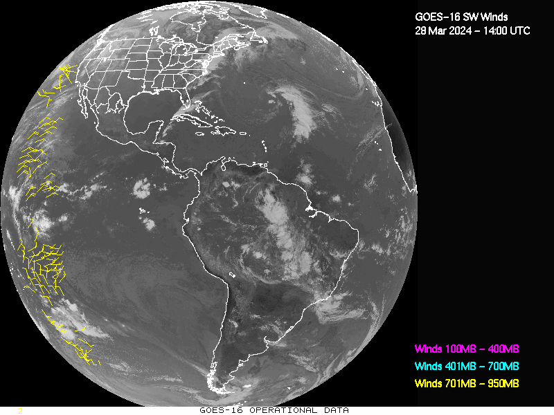 GOES-16 Short Wave Infrared Derived Winds - Full Disk - 03/28/2024 - 1400 GMT