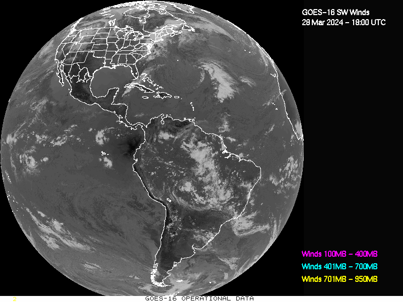 GOES-16 Short Wave Infrared Derived Winds - Full Disk - 03/28/2024 - 1800 GMT