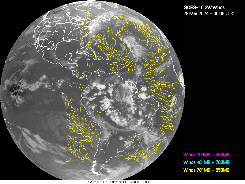 GOES-16 Short Wave Infrared Derived Winds - Full Disk - 03/29/2024 - 0000 GMT
