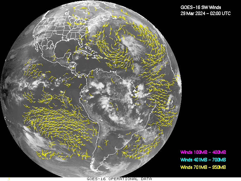 GOES-16 Short Wave Infrared Derived Winds - Full Disk - 03/29/2024 - 0200 GMT