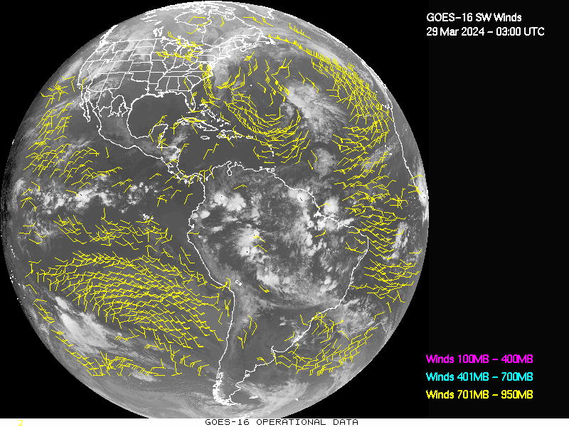 GOES-16 Short Wave Infrared Derived Winds - Full Disk - 03/29/2024 - 0300 GMT