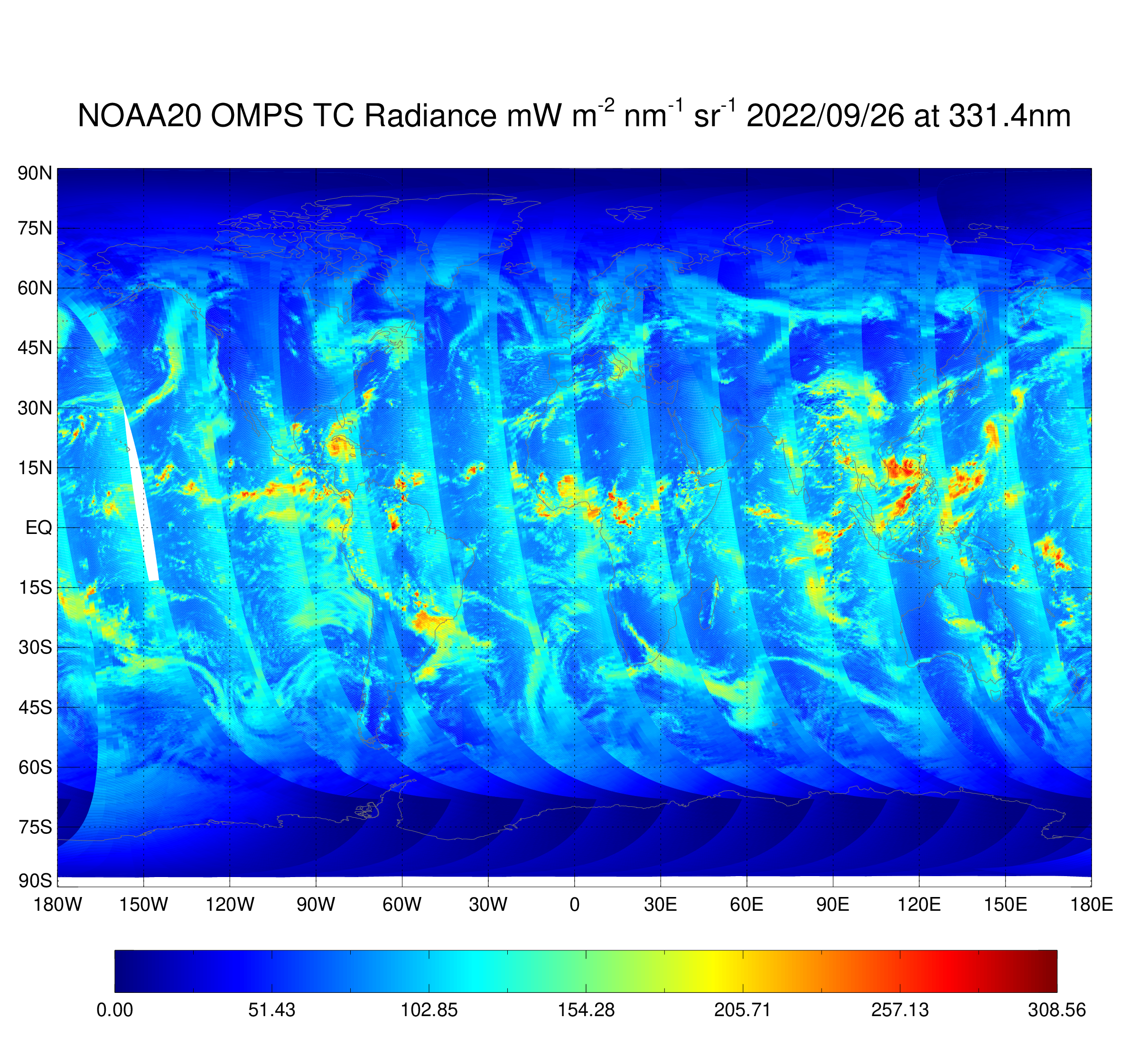 NOAA-20 OMPS Nadir Mapper  - NM Earth View Radiance - Radiance Map at 331.3 nm - 09/26/2022