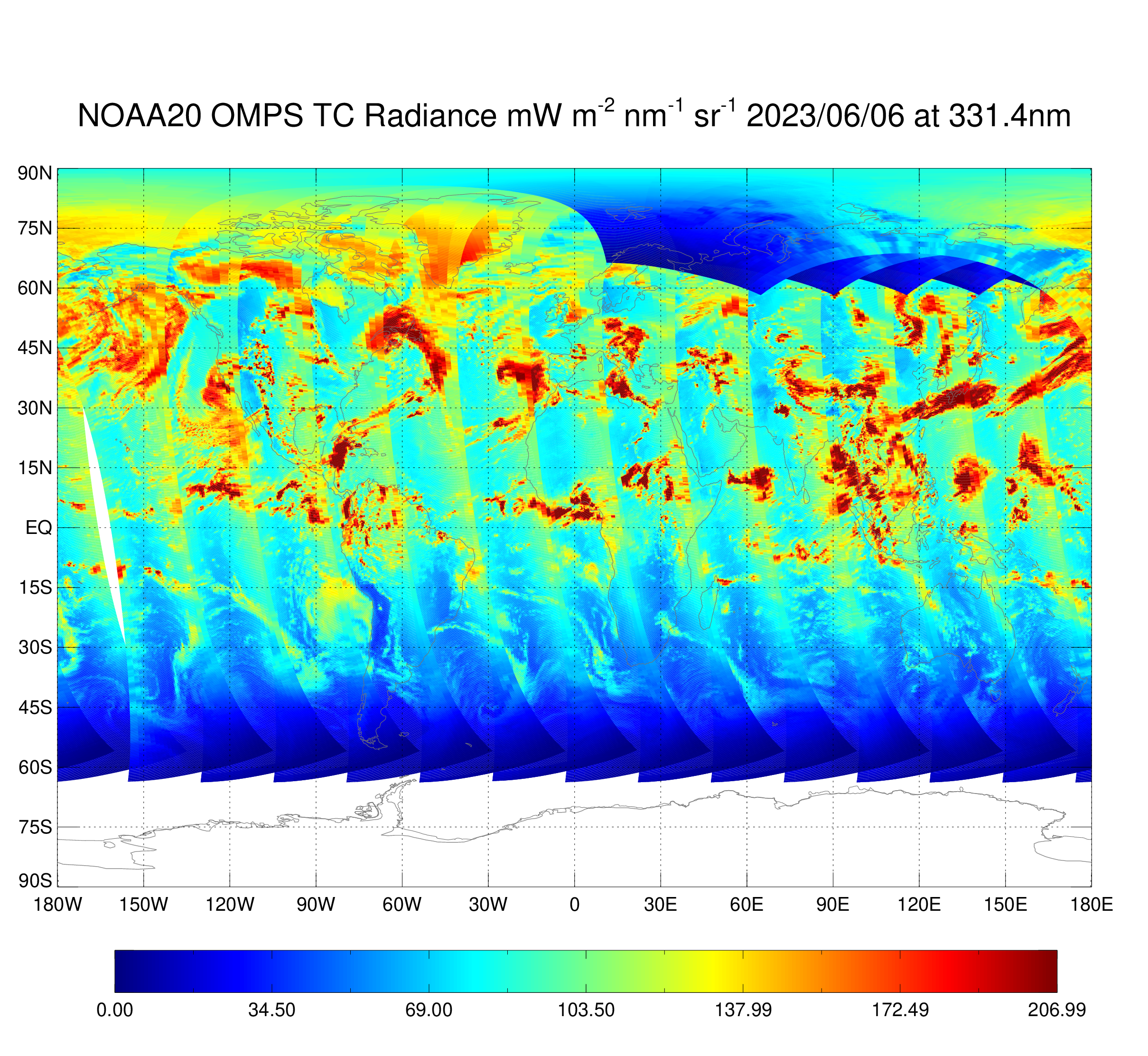 NOAA-20 OMPS Nadir Mapper  - NM Earth View Radiance - Radiance Map at 331.3 nm - 06/06/2023