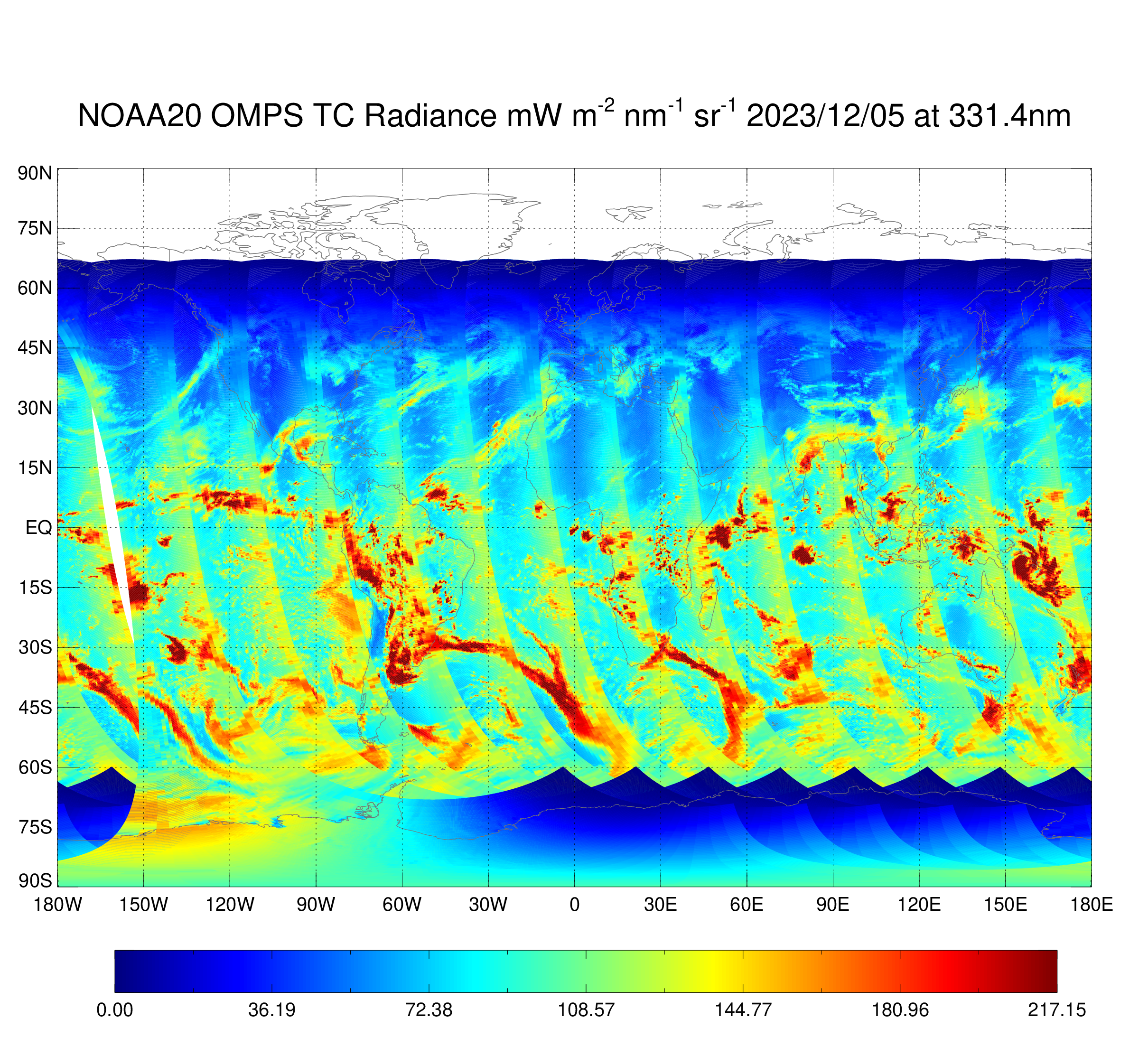 NOAA-20 OMPS Nadir Mapper  - NM Earth View Radiance - Radiance Map at 331.3 nm - 12/05/2023