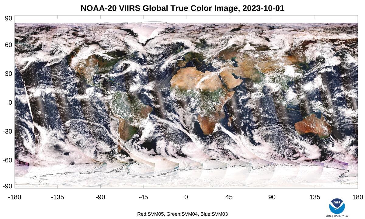 NOAA-20 VIIRS  - SDR Global True Color Image - Global True Color Image - 10/01/2023