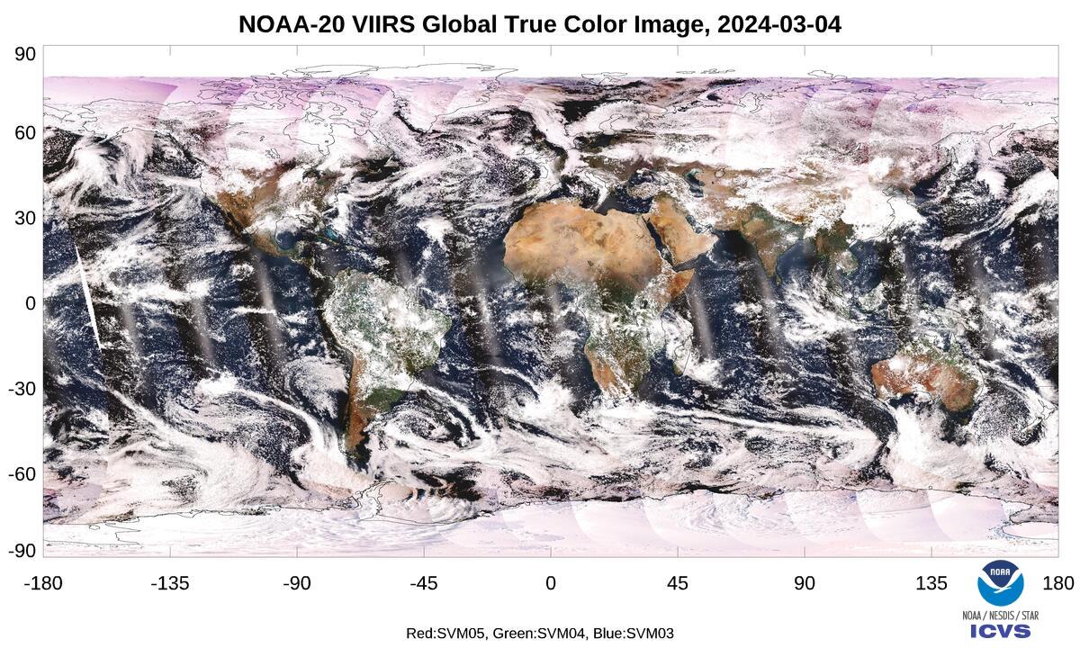 NOAA-20 VIIRS  - SDR Global True Color Image - Global True Color Image - 03/04/2024