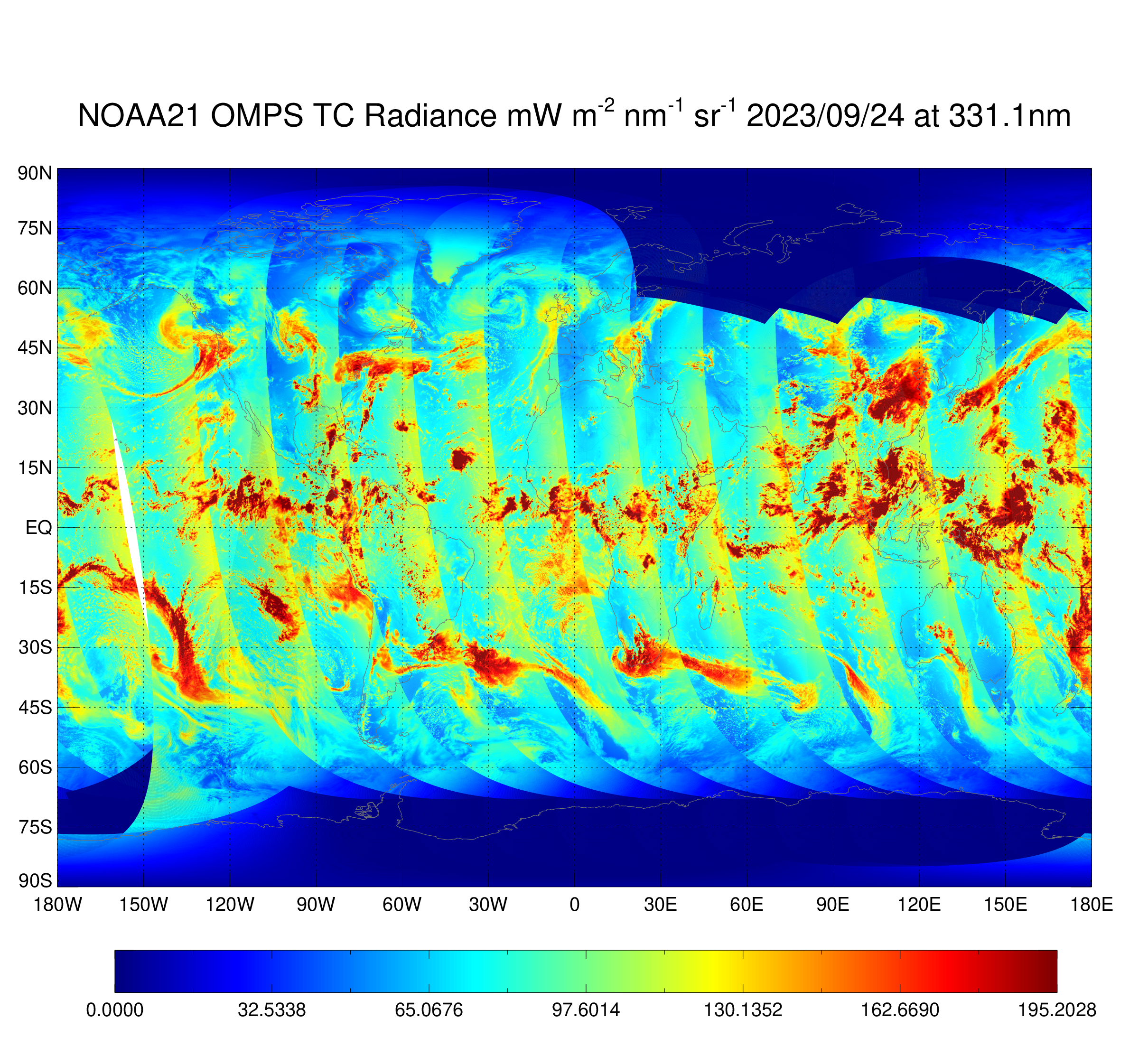 NOAA-21 OMPS Nadir Mapper  - NM Earth View Radiance - Radiance Map at 331.3 nm - 09/24/2023