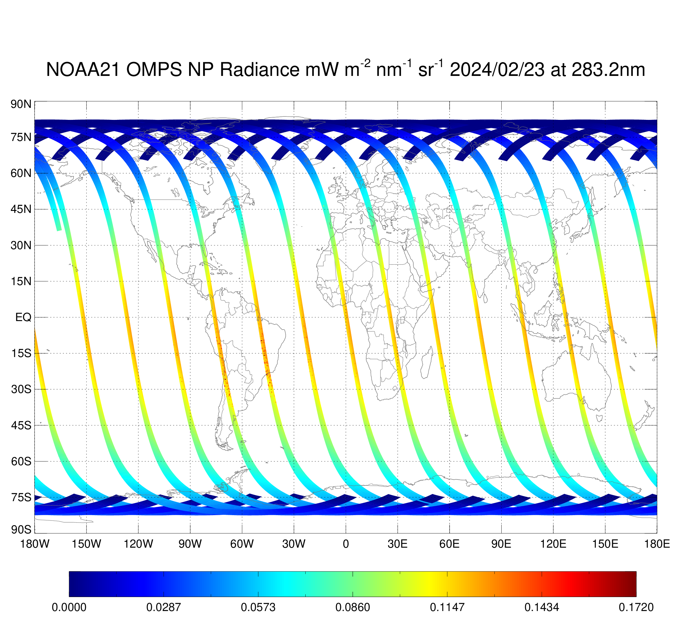 NOAA-21 OMPS Nadir Profiler  - NP Earth View Radiance - Radiance Map at 283.0 nm - 02/23/2024