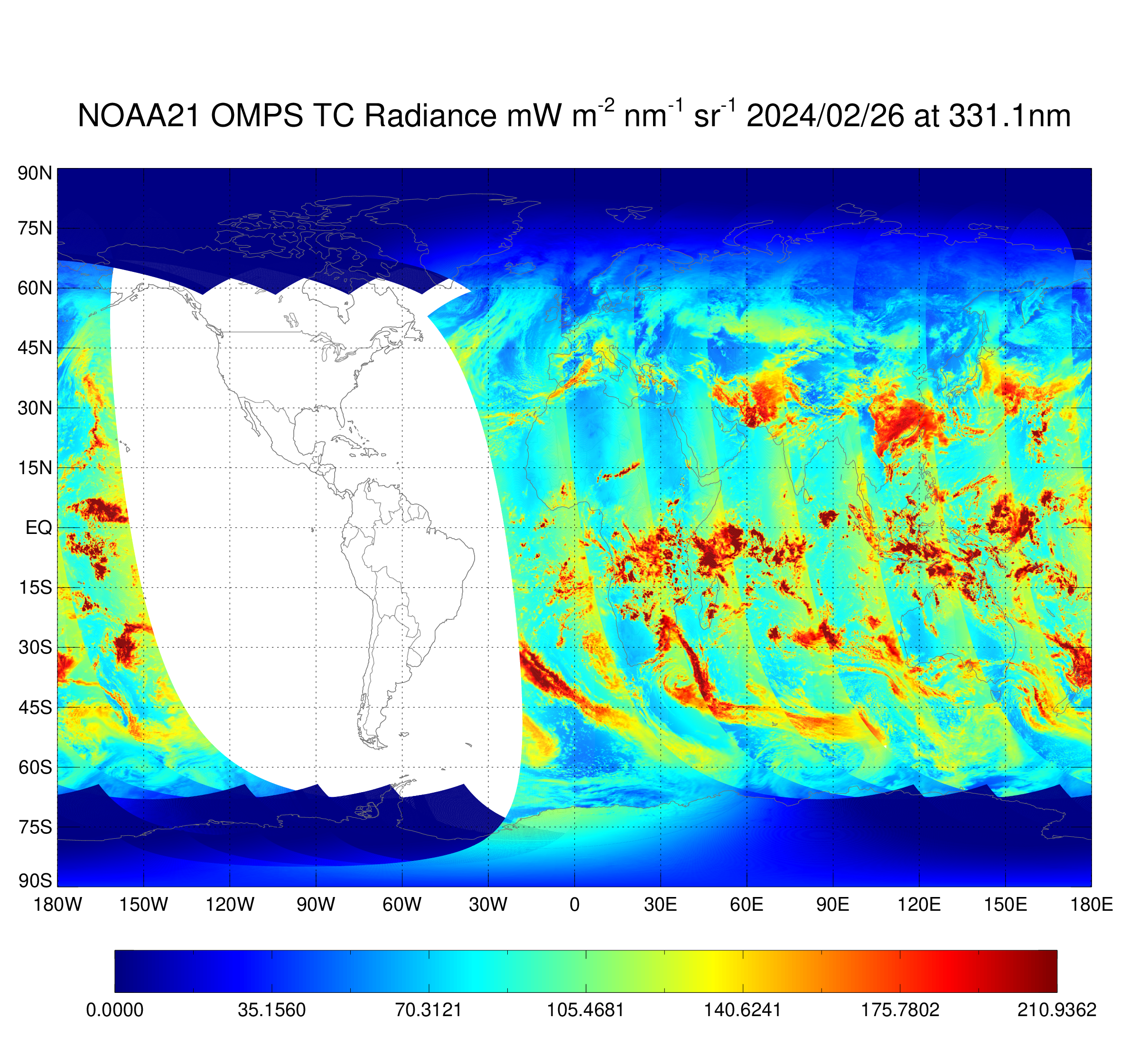 NOAA-21 OMPS Nadir Mapper  - NM Earth View Radiance - Radiance Map at 331.3 nm - 02/26/2024