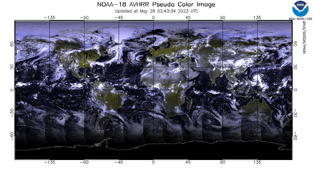 NOAA-18 AVHRR  - Global Image - Pseudo Color Image - 05/27/2023