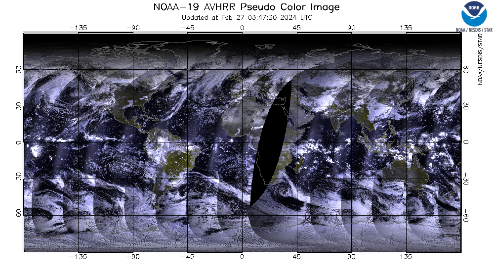 NOAA-19 AVHRR  - Global Image - Pseudocolor Image - 02/26/2024