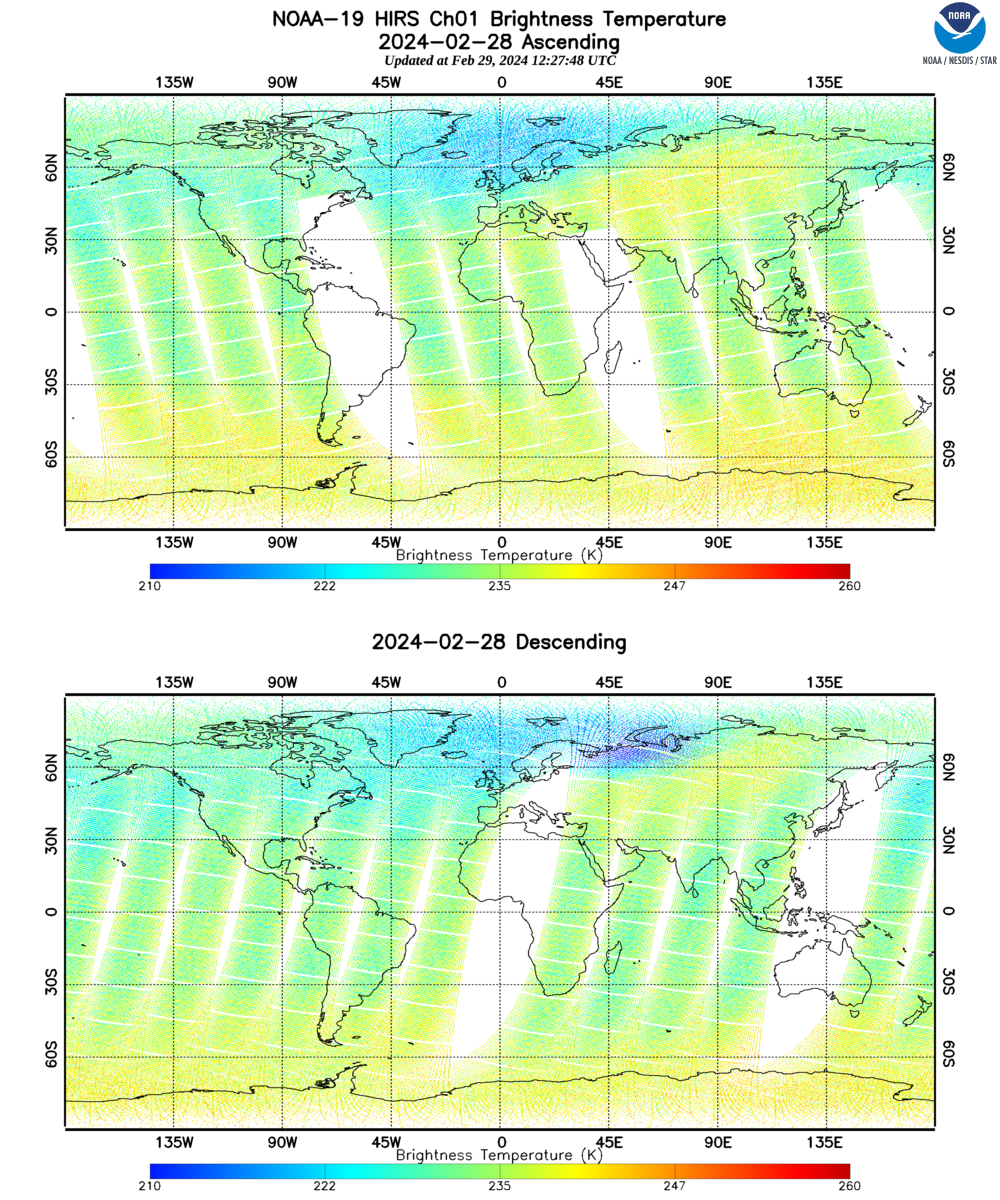 NOAA-19 HIRS  - Global image - Channel 1 - 02/28/2024