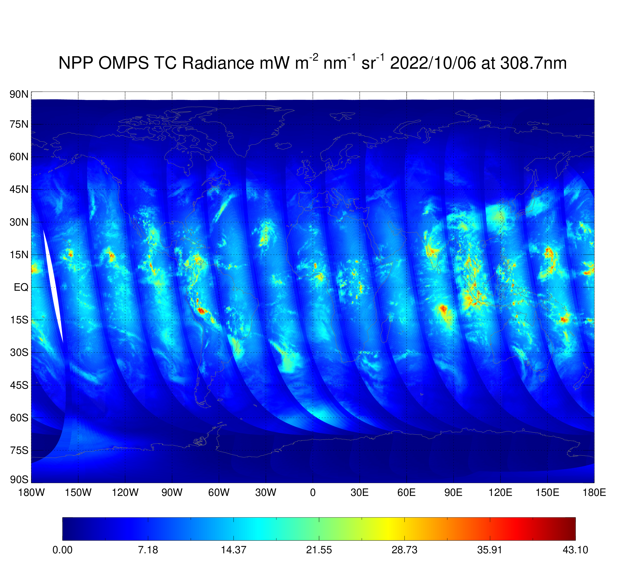 NPP OMPS NM  - NM Earth View Radiance - Radiance Map at 308.7 nm - 10/06/2022