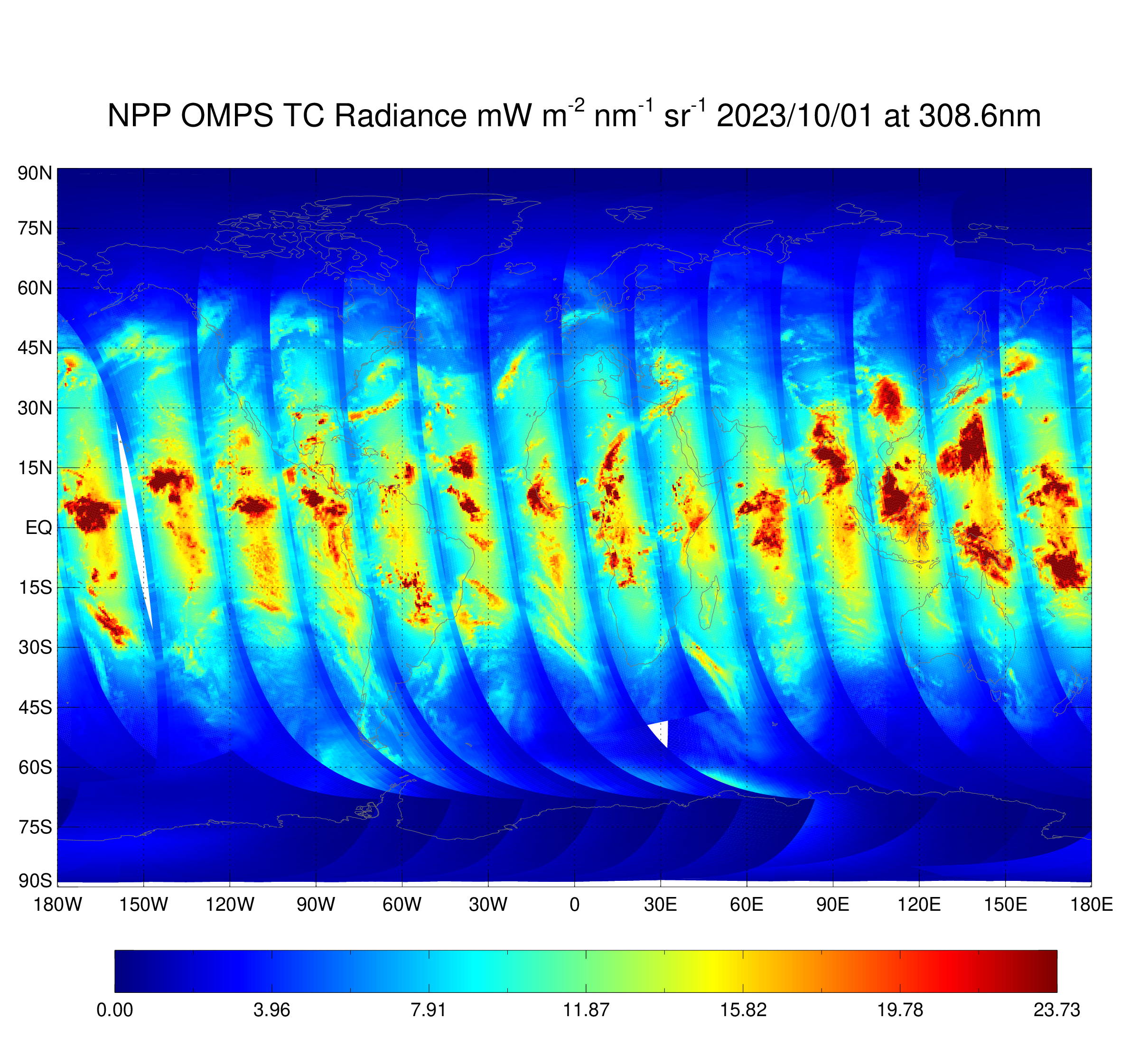 NPP OMPS NM  - NM Earth View Radiance - Radiance Map at 308.7 nm - 10/01/2023