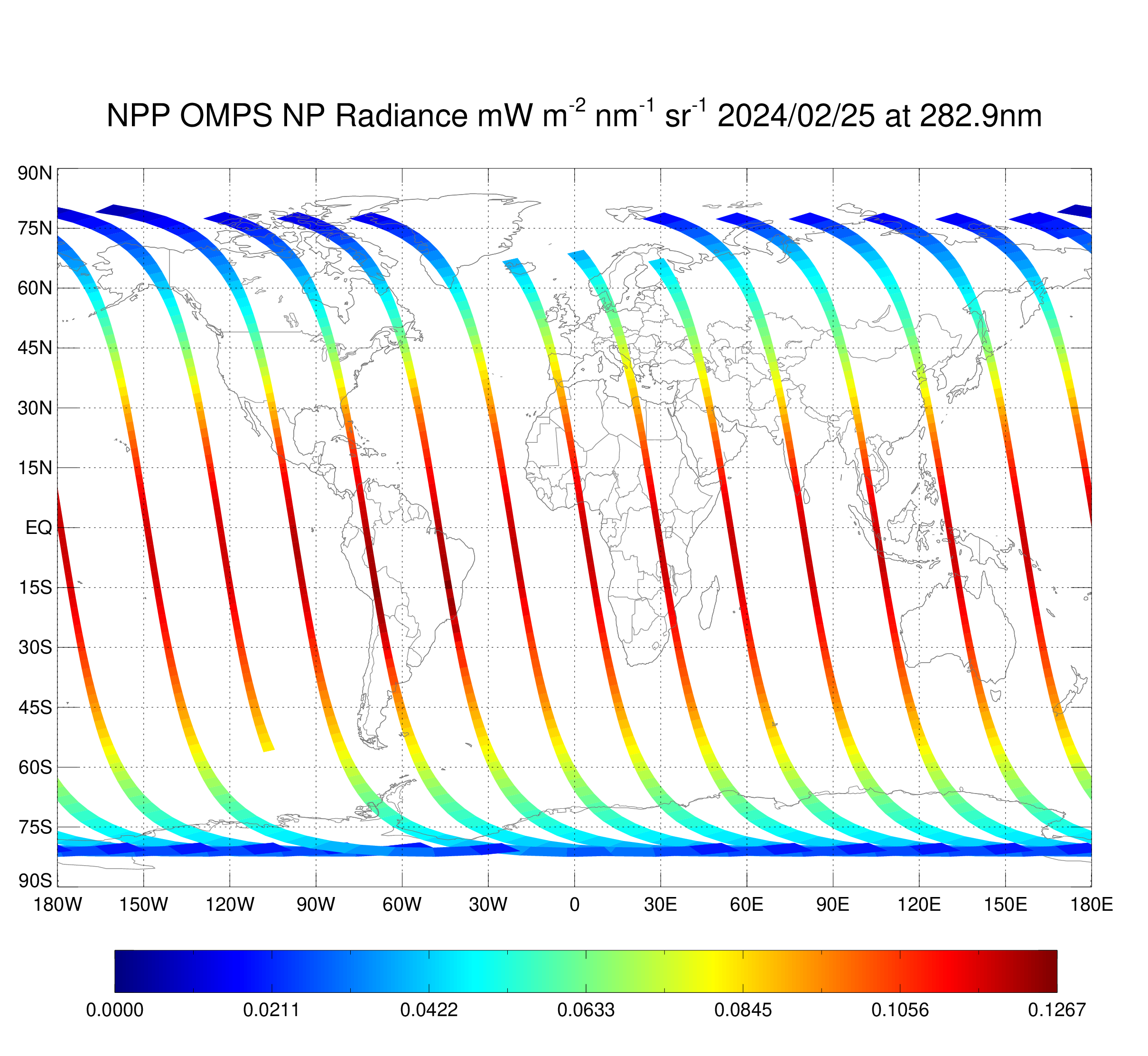NPP OMPS Nadir Profiler  - NP Earth View Radiance - Radiance Map at 283.0 nm - 02/25/2024