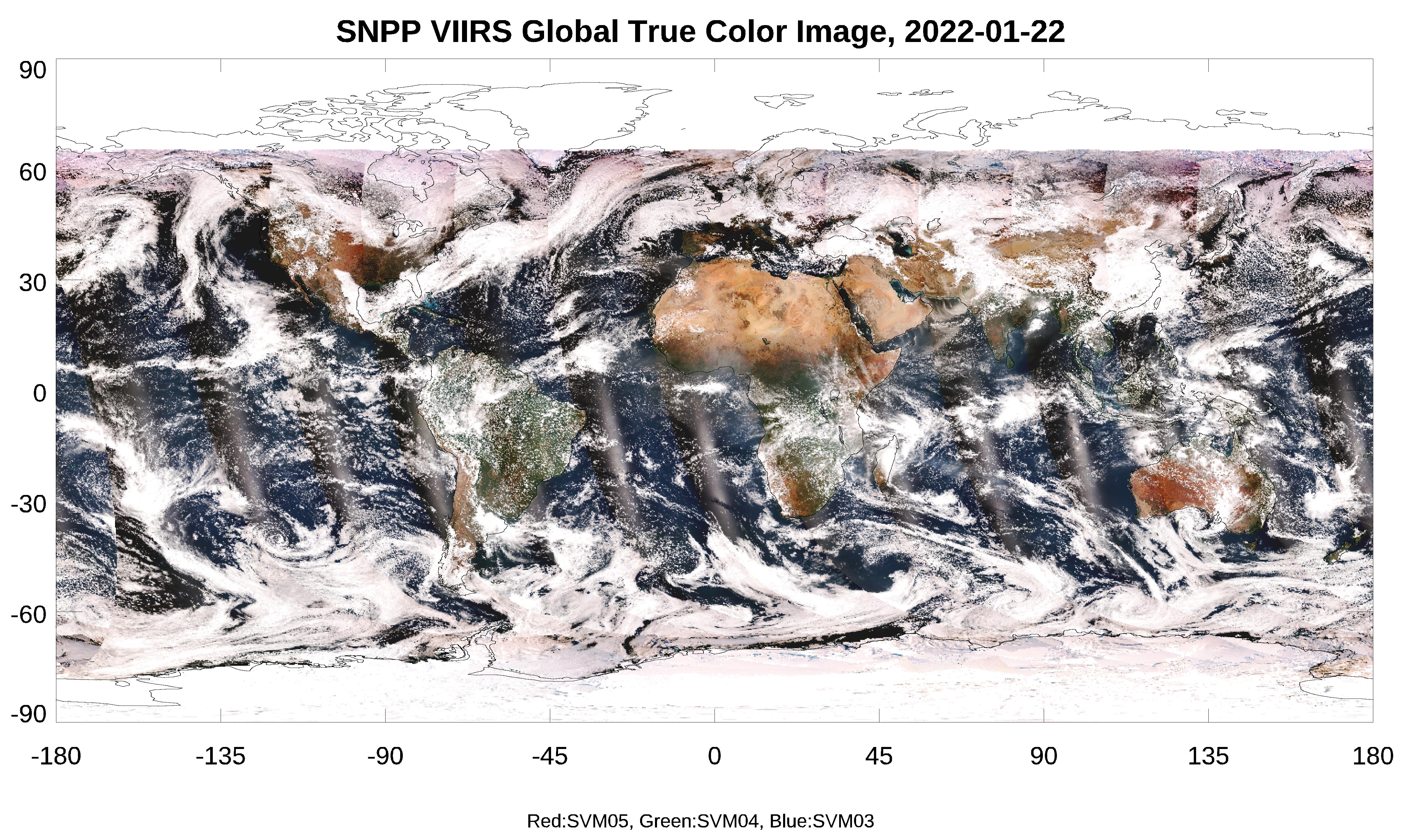 NPP VIIRS  - SDR Global True Color Image - Global True Color Image - 01/22/2022