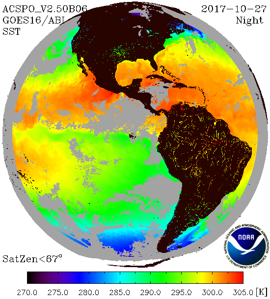 Example of the GOES-16 nighttime Sea Surface Temperature (SST) composite generated from ABI data on 27 October 2017