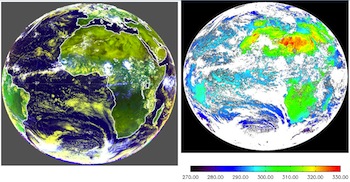 Fulldisk 0.63, 0.86, and 11μm false color image (left) from Meteosat-8/SEVIRI for 12:00 UTC on 10 August, 2006