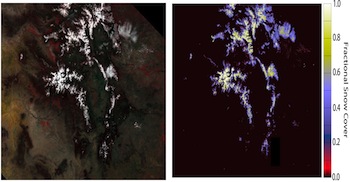 Example of the Snow Cover product (right figure) as generated by the GOES-R Snow Cover algorithm using MODIS data (left image) over the Colorado Rockies on 30 April 2007.