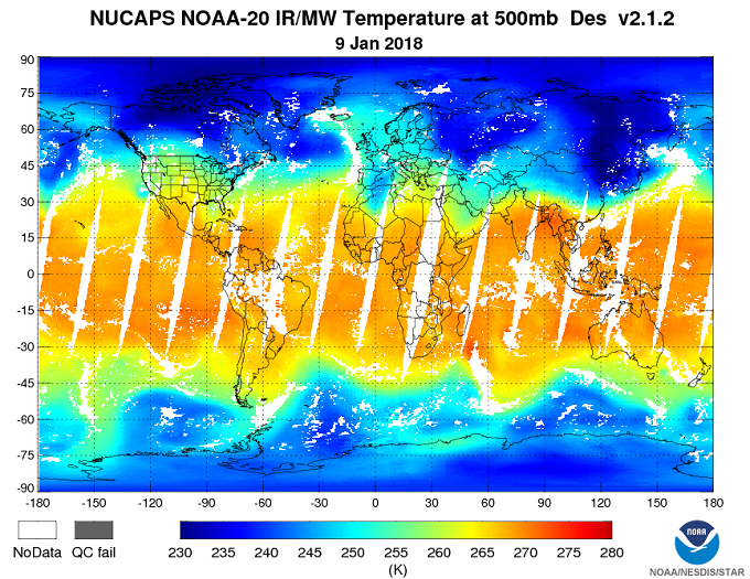 NUCAPS NOAA-20 IR/MW Temperature at 500mb, 9 January 2018