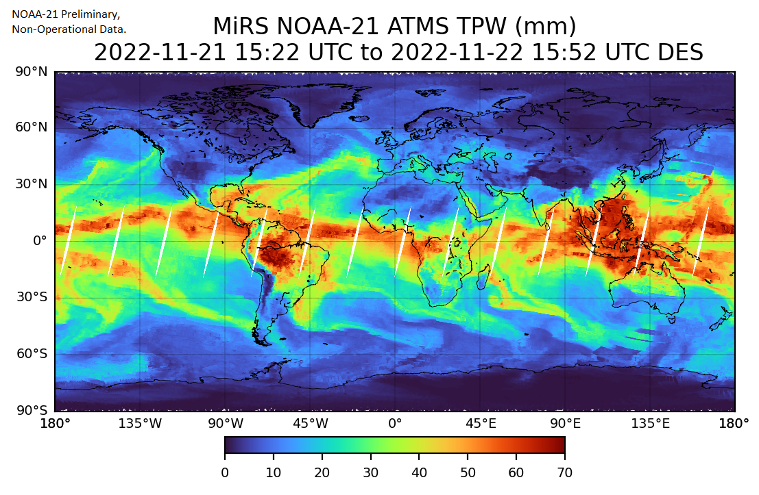 MiRS NOAA-21/ATMS Total Precipitable Water, 22 November 2022