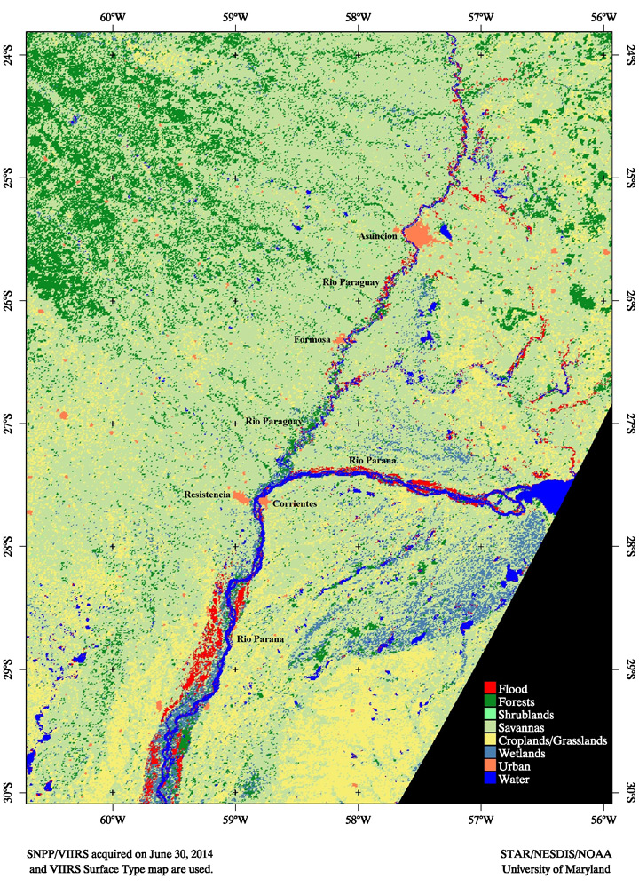 Surface Type map shows flooding in Paraguay