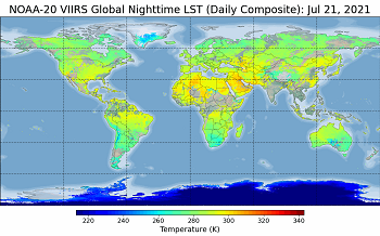 NOAA-20 VIIRS Global Nighttime LST, July 21, 2021 - click to enlarge