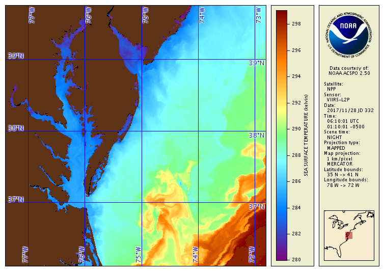 SST Image of Chesapeake Bay obtained from SNPP VIIRS on 28 November<br>
                2017 (night overpass). An unprecedented spatial resolution and radiometric<br>
                performance of the VIIRS sensor results in a very high quality SST imagery.<br>
                More images from VIIRS and other sensors over 27 regions selected in<br>
                conjunction with ACSPO users are available from the NOAA ACSPO Regional<br>
                Monitor for SST (ARMS) near-real time system<br>
                https://www.star.nesdis.noaa.gov/sod/sst/arms/. 