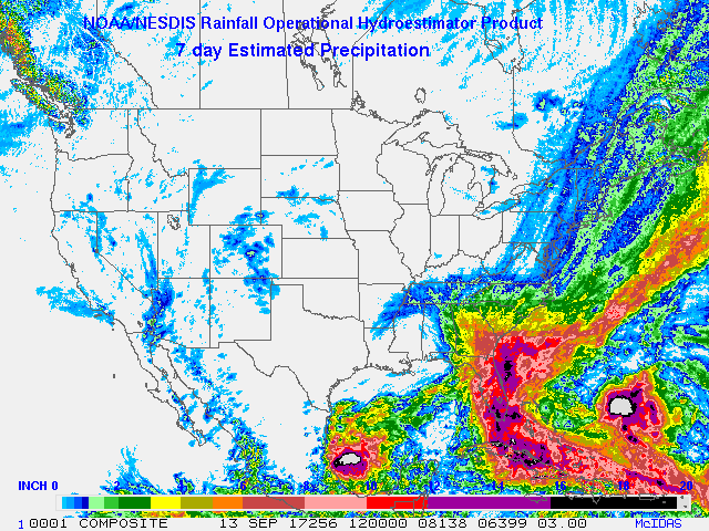 7 Day HydroEstimator View of Precipitation over CONUS<br>Showing the Aftermath of Hurricane Irma - 13 September 2017