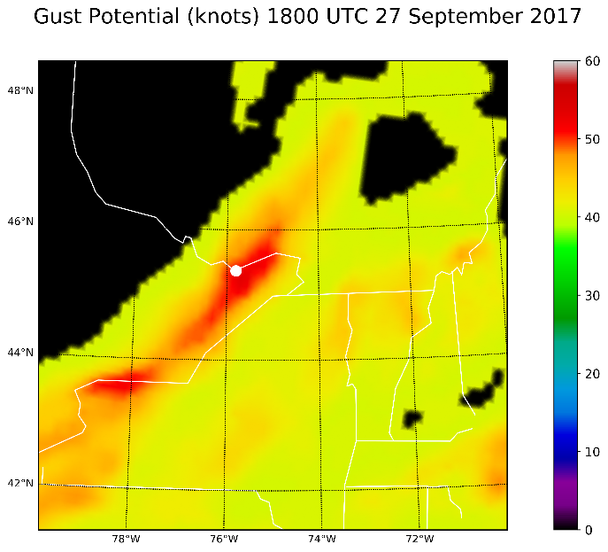 Figure 1. September 27, 2017 product imagery: 13-km resolution Rapid<br>
                Refresh (RAP) model-derived MWPI (top) and associated wind gust potential<br>
                (bottom) at 1800 UTC. White filled circle marks the location of downburst<br>
                occurrence at Britannia Yacht Club, near Ottawa, Canada.