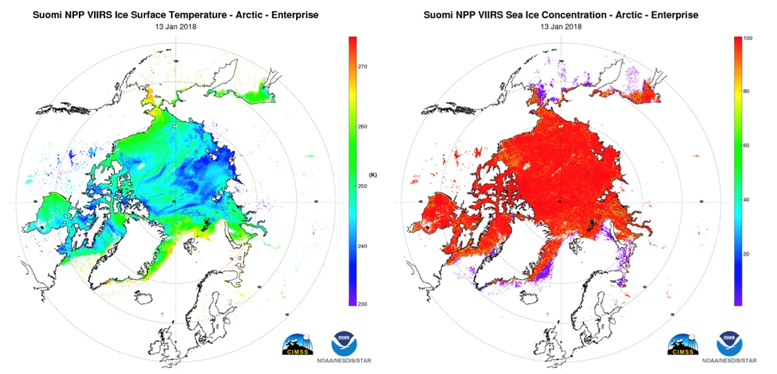 Figure: VIIRS ice surface temperature (left) and ice concentration (right) over the Arctic on January 13, 2018.