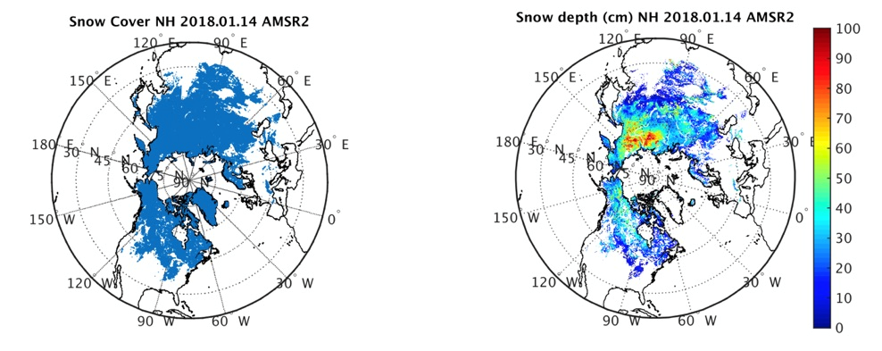 Figure: Snow cover (left) and snow depth (right) over the Northern Hemisphere from AMSR2 on January 14, 2018.