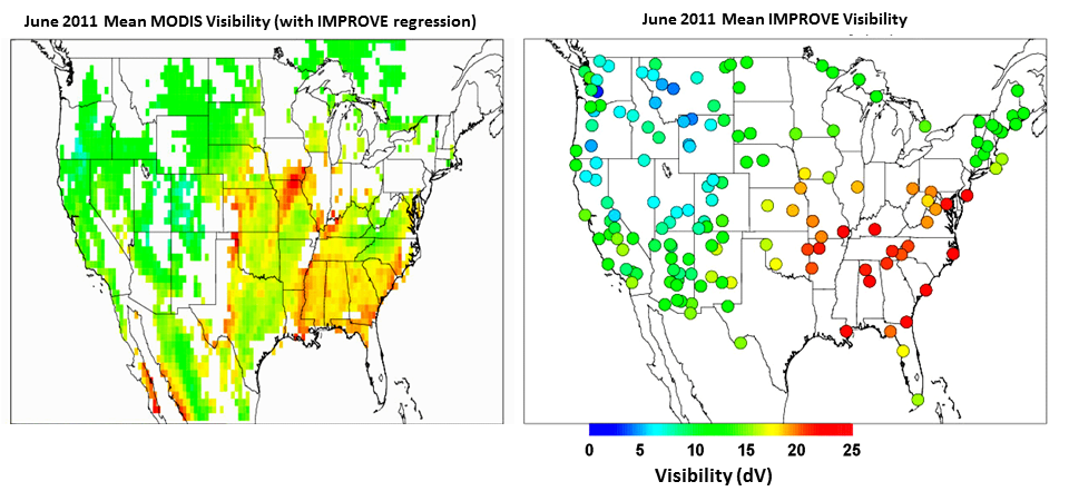 Caption: June 2011 monthly mean MODIS Visibility retrieval with IMPROVE<br>bias correction
				(dV, left panel) and IMPROVE mean observed visibility (dV, right panel).