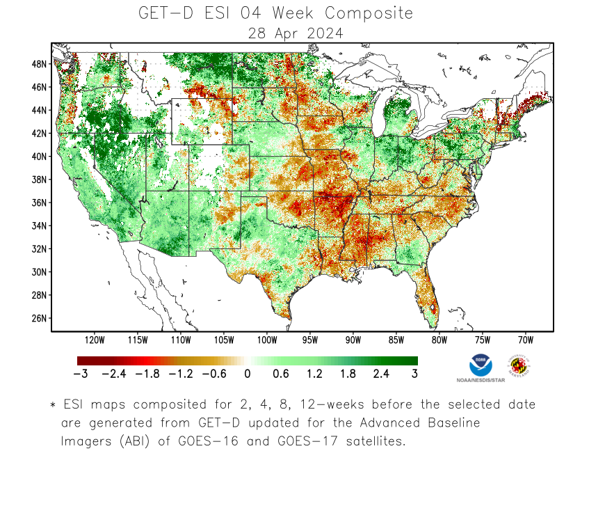 SNPP-GOES GET-D ESI - Drought Monitoring Products - 4 Week Composite Image - 04/28/2024
