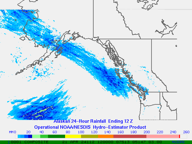 Hydro-Estimator - Eastern Pacific - Alaska / British Columbia - 24 Hour Estimated Rainfall images