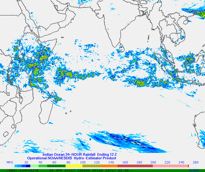 Hydro-Estimator - Indian Ocean Basin, East Africa, Southeast Asia - 24 Hour Estimated Rainfall Images
