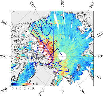 Figure 2. Aircraft surveys completed (blue lines) and planned (dashed red lines) during the IceBridge Arctic Spring Campaign 2015. Survey lines are overlaid on CryoSat-2 NRT sea ice thickness estimates provided by the UCL Center for Polar Observation and Modelling