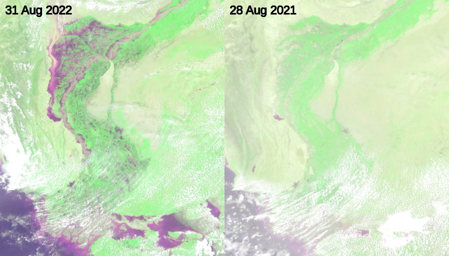 False color imagery of severe flooding in Pakistan on August 31, 2022 (left) compared to normal conditions on August 28, 2021 (right)