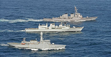 photo: From top: US Navy ship USS Porter, Canadian ship HMCS Montral, and the Danish ship HMDS Vaedderen in the Labrador Sea