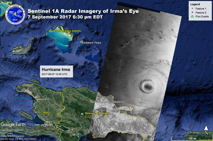 Sentinel radar image of Hurricane Irma's Eye - 7 September 2017 6:30 pm EDT